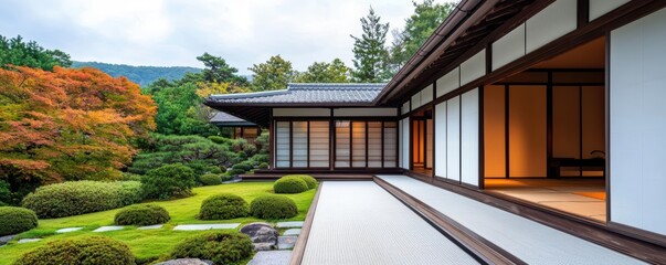 Traditional Japanese house with sliding doors, serene zen garden