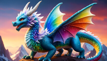 Majestic Rainbow Dragon with Vibrant Scales in a Mountainous Sunset Landscape