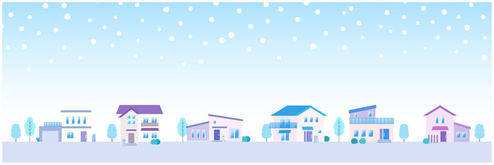 雪が降る冬の街並みのイラスト 家が立ち並ぶ住宅地の風景