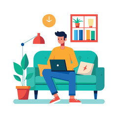 man sitting on couch with laptop flat vector illustration