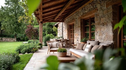 Fototapeta premium Rustic cottage with stone walls, wooden beams, surrounded by a lush garden