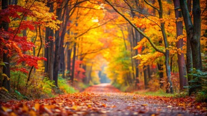 Naklejka premium A beautifully blurred background of a forest path with colorful autumn leaves, nature, foliage, trees, walking, serene