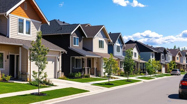 Suburban row houses, uniform design, urban feel, green street