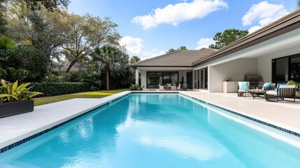 Suburban home with a swimming pool, modern amenities, private oasis