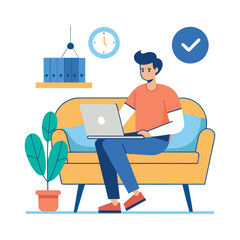 man sitting on couch with laptop flat vector illustration