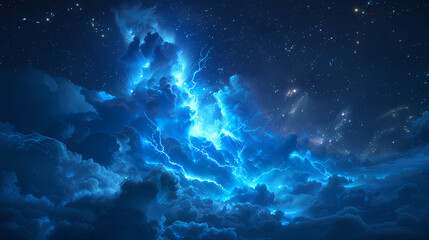 Fototapeta premium The Blue Jet lightning phenomenon occurs in the upper atmosphere. When powerful blue lightning flashes shoot up from the tops of high cumulonimbus clouds.