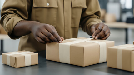 man in uniform carrying cardboard parcel for delivery service
