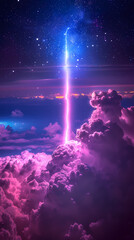 Obraz premium The Blue Jet lightning phenomenon occurs in the upper atmosphere. When powerful blue lightning flashes shoot up from the tops of high cumulonimbus clouds.