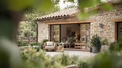 Rustic cottage with stone walls, wooden beams, surrounded by a lush garden