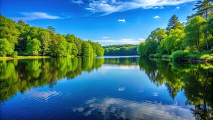 A calming background of a serene lake surrounded by lush green forests and a clear blue sky , tranquil, peaceful, nature, scenery