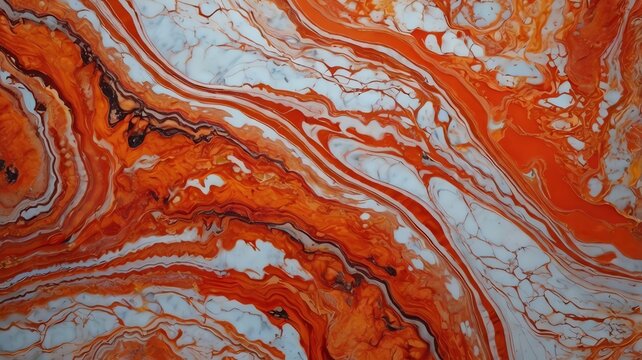 An abstract painting with swirling patterns in shades of orange, red, white, and brown.