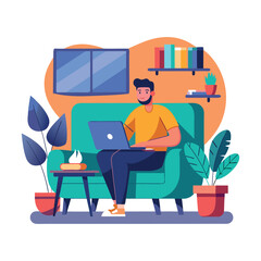 man sitting on couch with laptop flat vector illustration