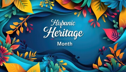 Colorful abstract foliage surrounding the text "Hispanic Heritage Month" on a deep blue background.