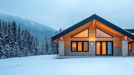 Mountain lodge with exposed timber frames, stone accents, snowy backdrop