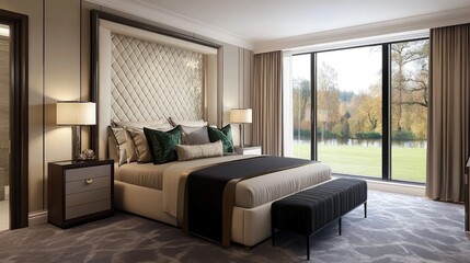 Obraz premium A cozy bedroom showcases a black bed with a striped blanket, wooden side tables with lamps, and large windows letting in warm natural light