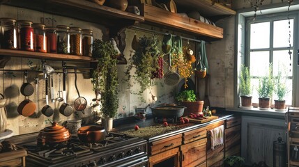 A rustic kitchen with jars of homemade preserves, fresh herbs hanging to dry, and a pot of hearty soup simmering on the stove