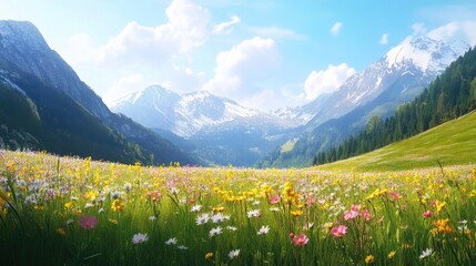 Fototapeta premium Serene springtime in the Alps with rolling meadows in full bloom, set against a backdrop of majestic mountain ranges.