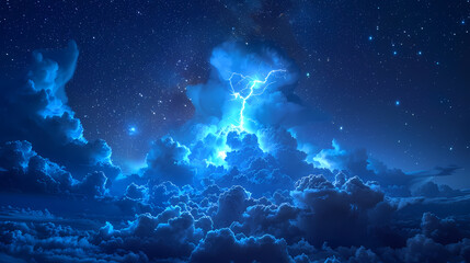 Fototapeta premium The Blue Jet lightning phenomenon occurs in the upper atmosphere. When powerful blue lightning flashes shoot up from the tops of high cumulonimbus clouds.