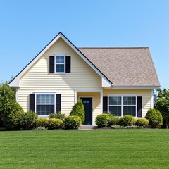Fototapeta premium Traditional suburban home with gabled roof, shuttered windows, neat landscaping