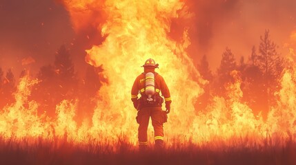 Fototapeta premium A brave firefighter stands amidst a raging wildfire, showcasing courage and resilience in the face of devastating flames.