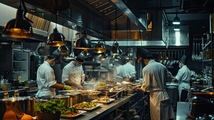 A busy kitchen in a high-end restaurant with chefs preparing gourmet dishes.