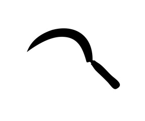 Sickle with wooden handle black icon. Agricultural tool, use for getting rid of grass or weeds in paddy field or gardens, use for harvesting rice or other purpose illustration on transparent png.