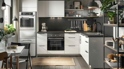 A small but efficient kitchen with compact appliances, clever storage solutions, and a well-organized layout.