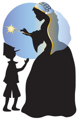 Black silhouette of the tale of the puppet pinocchio with the blue fairy