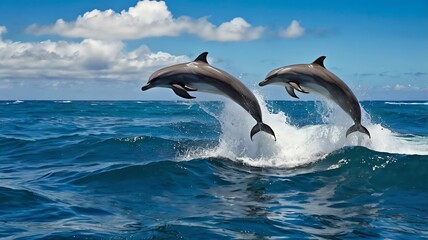 Fototapeta premium A wave crashing behind them. The ocean is blue and the sky is partly cloudy.