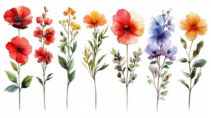Fototapeta premium A vibrant collection of watercolor flowers in various colors and styles.