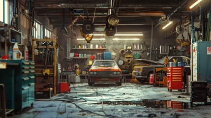 A dynamic automotive repair shop with cars being serviced and tools.