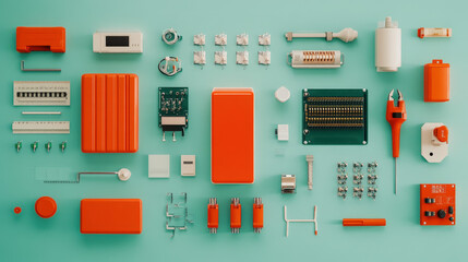 Workshop with various electrical components and tools, [fabrication, electricity, business], [engineering workshop] 