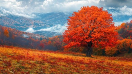 Fototapeta premium Stunning autumn scene with a bright orange tree contrasting with the deep reds and yellows of the surrounding landscape.