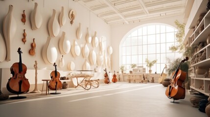 Cello in a White Room with Artistic Shapes
