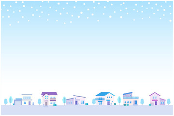 雪が降る冬の街並みのイラスト 家が立ち並ぶ住宅地の風景