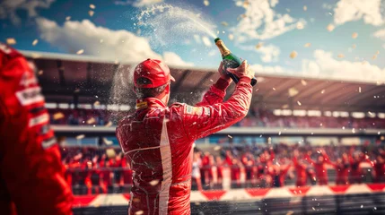  F1 winner in red uniform celebrating the victory on the podium, holding champagne bottle and spraying the crowd with champagne. racing pilot celebrating with champagne spray gran prix vin © Dina Photo Stories