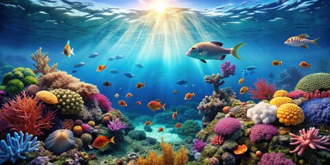 Obraz premium Scene of a peaceful ocean with clear blue water, a colorful coral reef, and various sea creatures swimming, sea