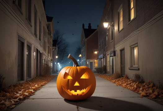 pumpkin with a jack lantern facr on middle street , autumn, fallen leaves and dark baxkground, spooy