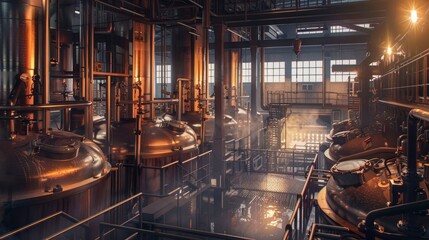 A dynamic brewery with large vats and beer being bottled on a production line.