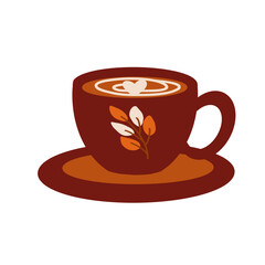 Hot coffee with latte art in a cozy cup on a saucer, perfect for a morning or afternoon break