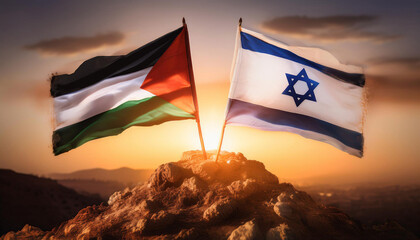 Palestine and Israel Flags Raised on a Mountain Peak at Sunrise
