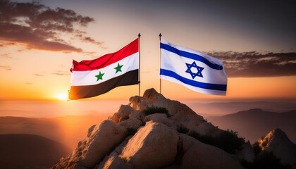 Syria and Israel Flags Raised on a Mountain Peak at Sunrise