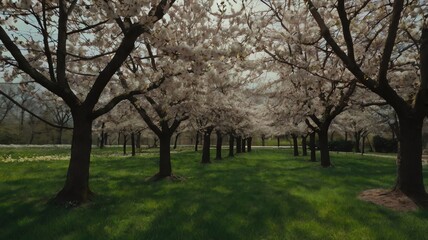 Obraz premium A winding path through a grove of trees with white blossoms, leading towards a grassy field.