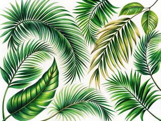 Delicate hand-drawn illustration of lush tropical palm leaves and twisting branches in black ink, perfect for summer designs, travel, and vacation-themed projects.