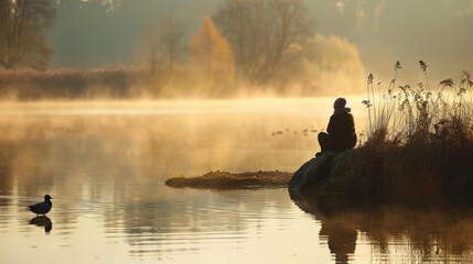 Woman Sitting on a Rock by a Misty Lake at Sunrise.