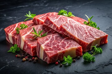 Delicate, marbled slices of premium Wagyu beef layered artfully on a sleek black background, showcasing rich textures and succulent colors, evoking savory sophistication.