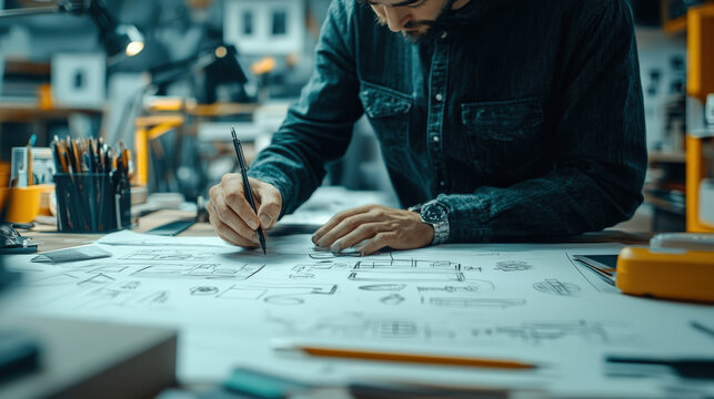 Industrial designer sketching new product concepts in a design studio