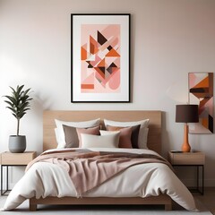 Digital painting, A modern abstract painting with geometric shapes and patterns in warm tones of pink, orange, and brown displayed on the wall above a wooden bed frame with a neutral bedding set