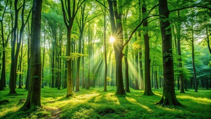 Naklejka premium Green trees casting dappled light in serene forest setting, nature, landscape, trees, tranquil, peaceful, foliage