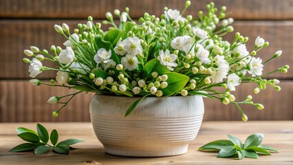 Delicate white blooms and buds adorn a lush green stem, nestled in a ceramic planter, showcasing the serenity and beauty of indoor botanical wonders.